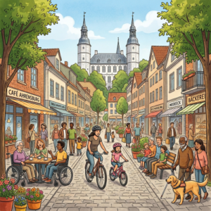 Fußgängerzone mit Menschen, Fahrrädern, Hund, Sitzbank, Café mit Tisch und Stuhl draußen, Bäumen und Pflanzkübeln